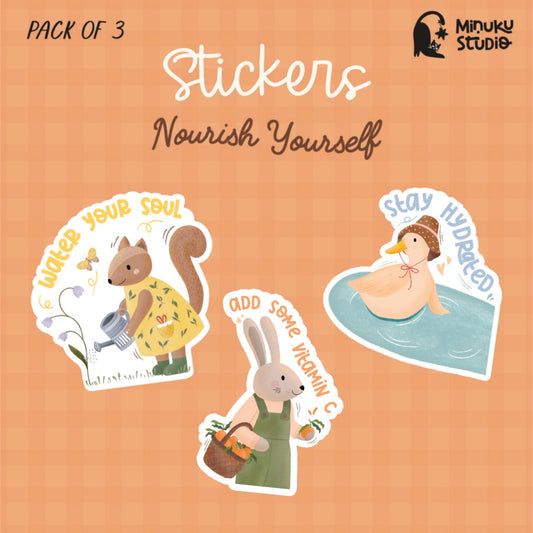 Cottage Critters Sticker Pack - Nourish Yourself | Illustrated Vinyl Stickers | Minuku Studio