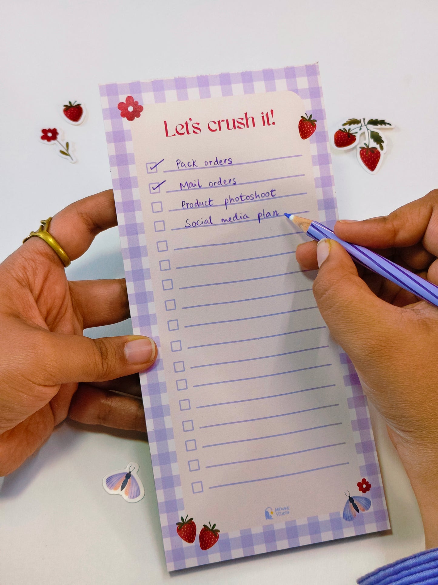 Gingham Checks Notepad close-up | Lavender Gingham Design with Checkbox Layout | Minuku Studio
