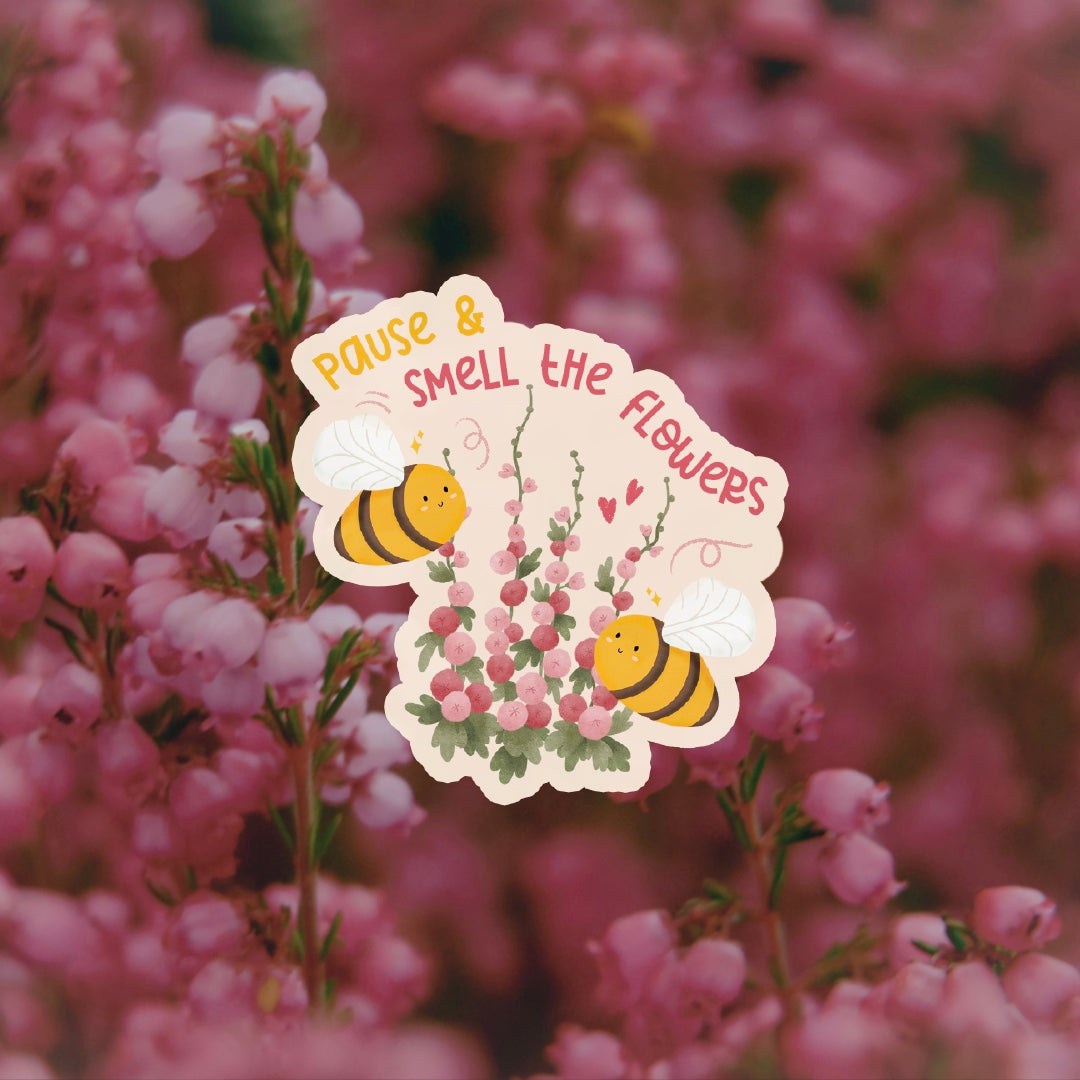 Cottage Critters Sticker - Pause & Smell the Flowers | Illustrated Vinyl Sticker | Minuku Studio
