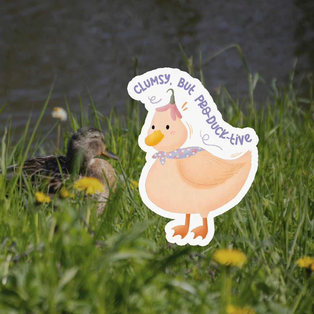 Cottage Critters Sticker - Clumsy but Pro-Duck-Tive | Illustrated Vinyl Sticker | Minuku Studio